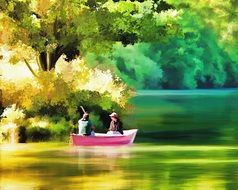 digital painting - two people in a pink boat on the lake