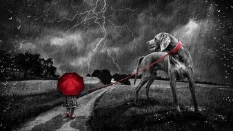 child with dog walk on the rain drawing