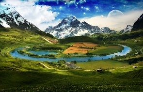 photomontage of a landscape with mountains