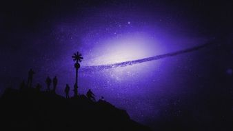 people silhouettes on purple fabulous starry sky