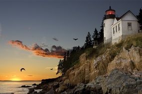 Beautiful cliff with the white lighthouse at colorful sunset in Portland