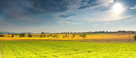 panoramic view of fields and meadows in spring