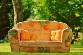 landscape of orange sofa on a lawn