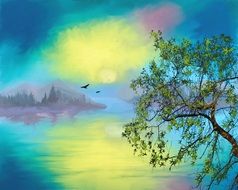 clipart of painted lake landscape on a background of yellow-blue sunset