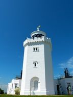 white victorian building of former south foreland lighthouse at blue sky, uk, england