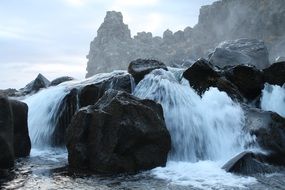 mountain waterfall with fast water