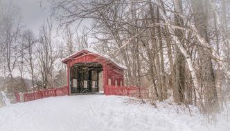 red covered bridge winter view
