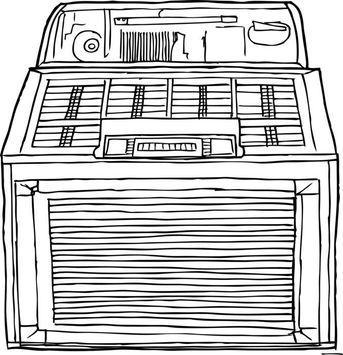 Black and white drawing of the music box