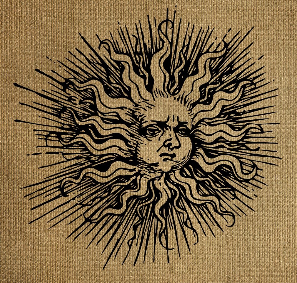 burlap, vintage sun as a drawing