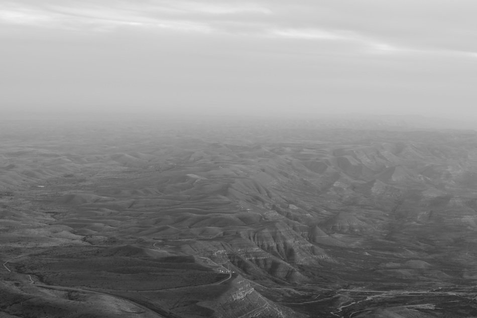 aerial view of highlands in black and white