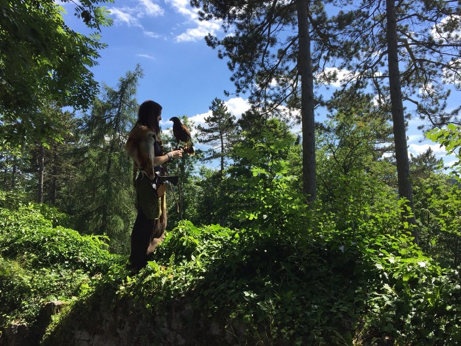 woman and bird in the forest