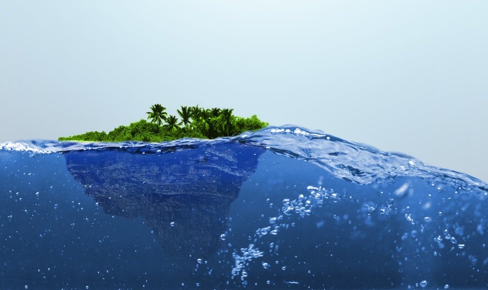 tropical island on clear water, collage
