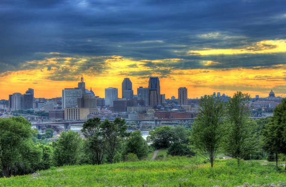 view of the city of Minneapolis at sunset