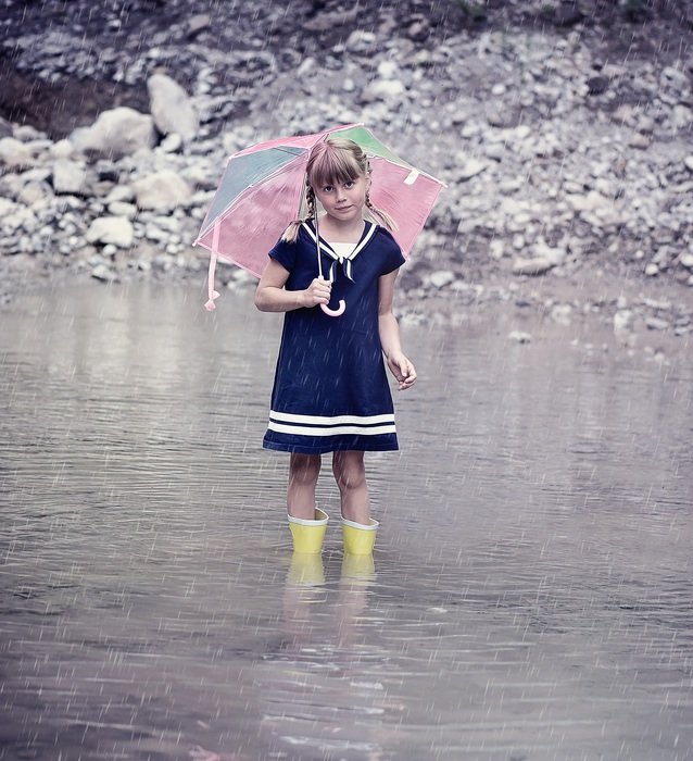 child girl in yellow wellies in water
