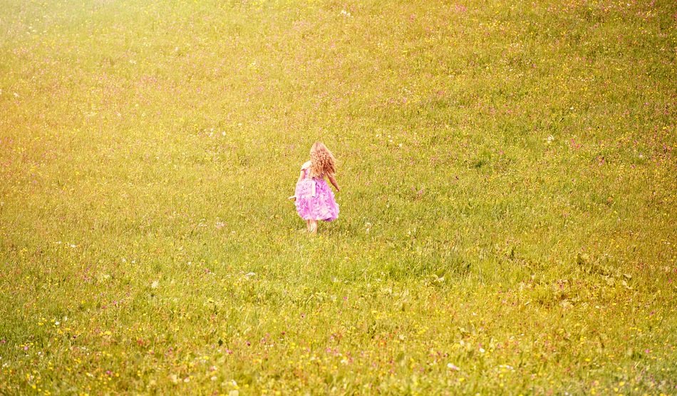 girl in a pink dress on the field