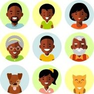 Set of family african american avatars icons in flat style