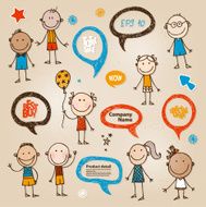 Hand-drawn children and speech bubbles set
