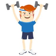 Hipster funny man lifting dumbbells Flat style