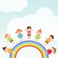 Kids jumping on the rainbow Vector illustration