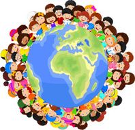 Multicultural children cartoon on planet earth