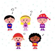 Cute multicultural singing &amp; caroling Kids isolated on white