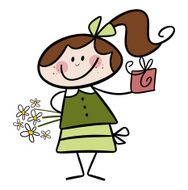 Happy little girl with a gift and flowers