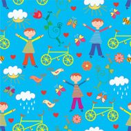 Funny seamless pattern with boys and bicycles