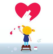 Little artist - cute girl painting red Heart