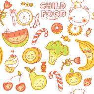 Child food set of seamless colorful fruits vegetables sweets