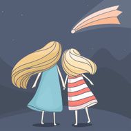 Two girl friends looking at a falling comet