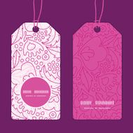 Vector pink flowers lineart vertical round frame pattern tags set