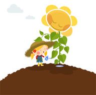 happy little girl with sunflower Love gardening