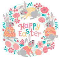 Happy Easter card with cute bunnies and colored eggs