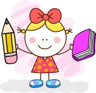 little girl with pen and book cartoon illustration