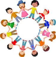 Circle of happy children cartoon different races