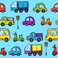 Vector colorful hand drawn doodle cartoon cars seamless pattern