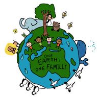 Happy stick figure children holding hands and animals on Earth