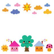 cute houses tree sun mushroom clouds kids background illustration