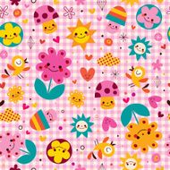 cute cartoon mushrooms flowers hearts &amp; birds nature seamless pattern N2