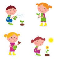 Gardening collection children watering and planting plants isolated on white