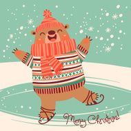 Christmas card with a pretty brown bear on an ice