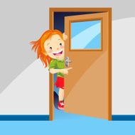 Girl Pointing The Way Behind the Door