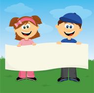 Cute Girl and Boy Holding Banner for Your Text