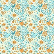 Seamless doodles birds and flowers grunge pattern