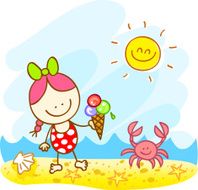 happy little girl and crab at beach cartoon illustration