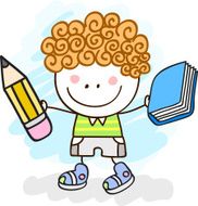 little boy with pen and book cartoon illustration