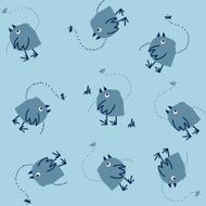 Dreaming Birds and Dragonfly Blue Background Vector Seamless Pattern