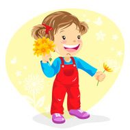 Little Girl Gather Flowers in Spring