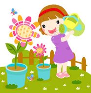 Cute Cartoon Girl in Garden