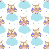 Seamless pattern with clouds and owls on a white background